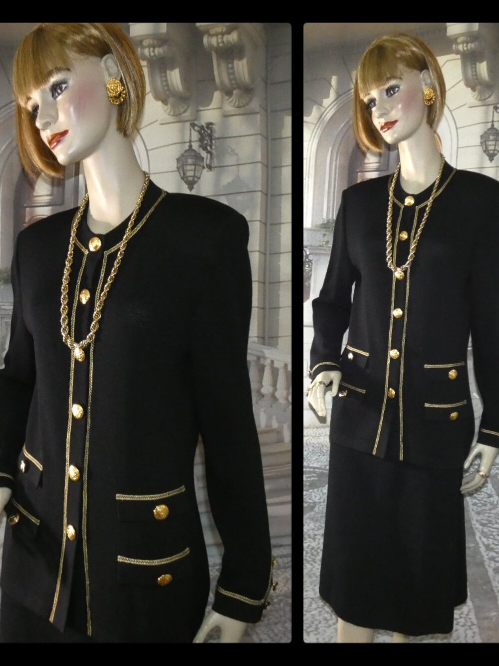 St. John Collection Suit Black Santana Knit Size 8 Gold Trim Signed Gold Buttons